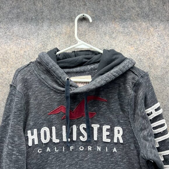 Hollister Sweater Men Small Heather Gray Red Hooded Pullover Cotton Embroidered - Picture 4 of 13